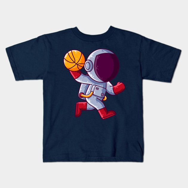 Cute Astronaut Playing Basketball Cartoon Kids T-Shirt by Ardhsells